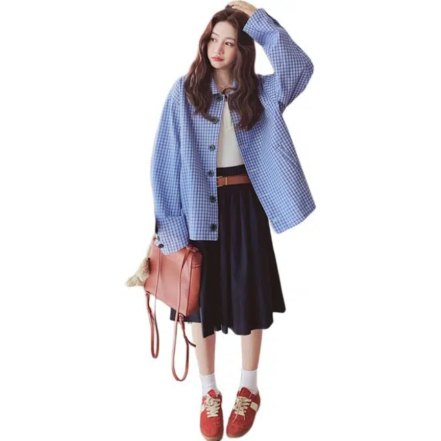 稻草人 复古格纹加厚学院风休闲百搭韩版宽松秋截短外套 女款