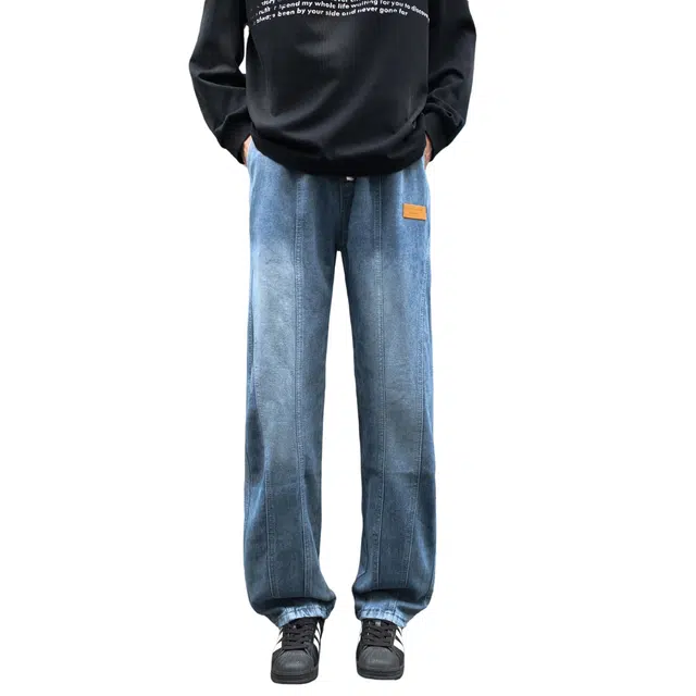 加荣 春秋流行风格复古舒适秋季男装裤美式高街纯色系男款牛仔裤宽松男直筒裤新通勤穿搭男裤显高显瘦兼具垂感男士款长裤 男女同款