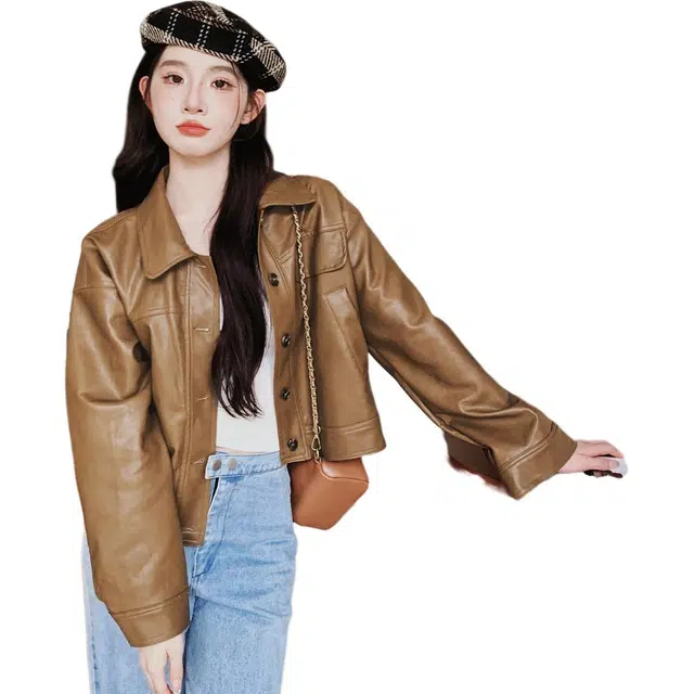 稻草人 休闲个性时尚百搭舒适质感机车风精致短款外套皮衣 女款