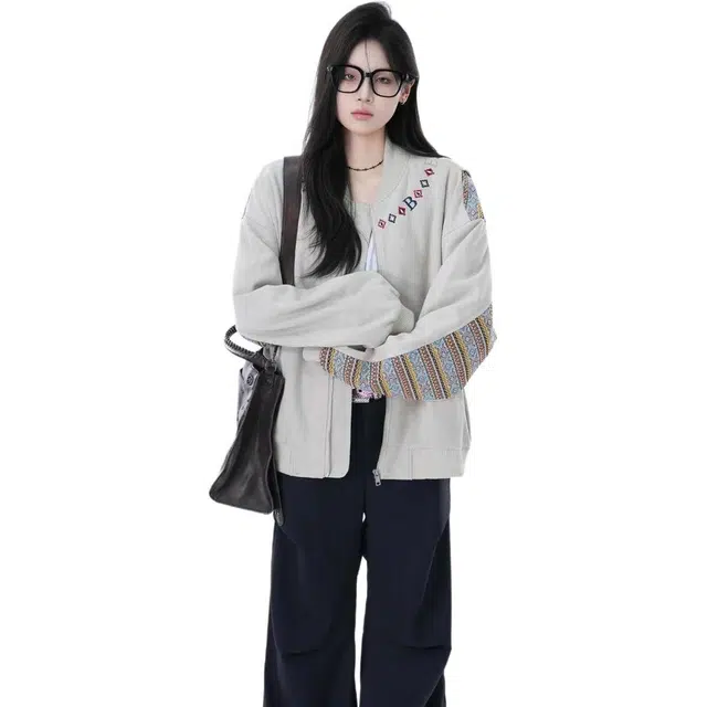 邓大喵 秋季美式民族风织带拼接女设计感小众宽松外套潮夹克 女款