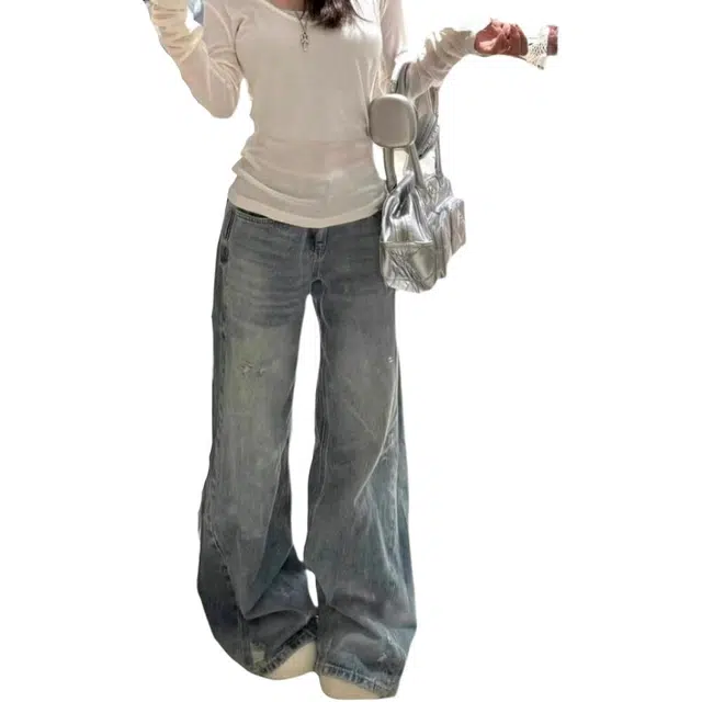 如续 浅色水洗磨破微喇女高腰宽松显瘦百搭直筒阔腿裤子牛仔裤 女款