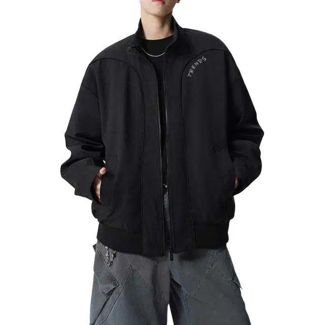 纯色捆条分割设计赫赫良衣 美式复古痞帅高街立领上衣宽松休闲舒适百搭潮流高级感轻奢防水防风城市机能风潮牌飞行夹克外套 男女同款