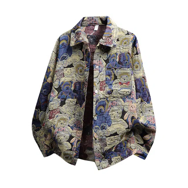 寻星记 美式复古潮流情侣款卡通小熊提花印花宽松慵懒休闲百搭夹克 男女同款