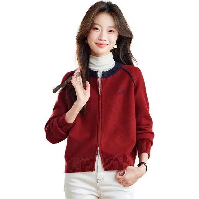 稻草人 时尚舒适休闲百搭简约柔软圆领拉链秋外套针织衫 女款