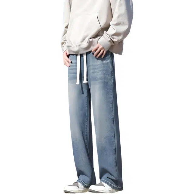 图兰朵 复古高街时尚宽松休闲潮流百搭直筒阔腿抽绳系带显高显瘦垂感牛仔裤 男女同款