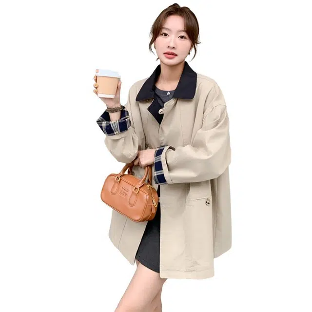 稻草人 设计感翻领格纹拼接撞色高级感赫本风秋冬外套风衣 女款