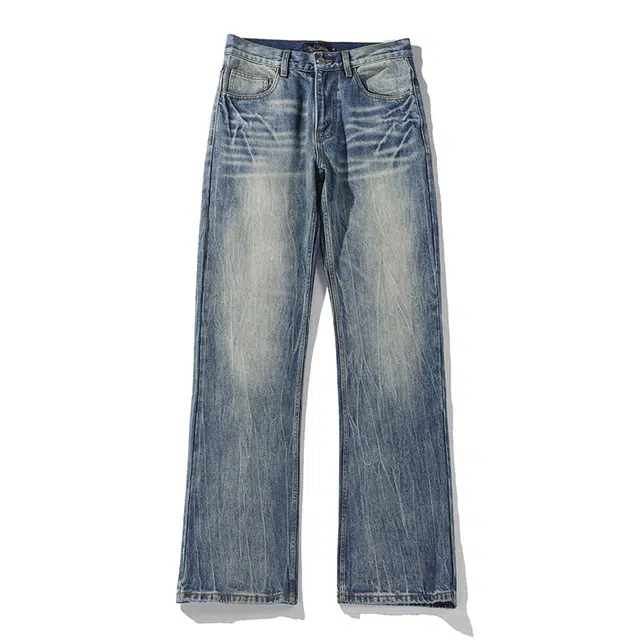 华夏儿女 美式高街大码闪电纹微喇长裤子休闲百搭潮流直筒裤男牛仔裤 男款