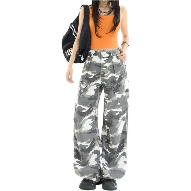 如续 美式复古高街阔腿多口袋解构拼接小众设计感百搭长裤潮流宽松慵懒风垂感拖地牛仔裤 女款