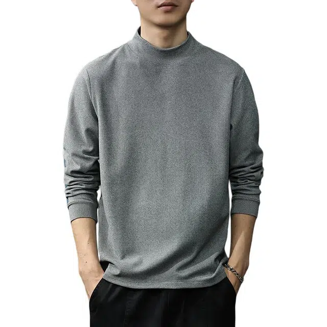 前进牛 休闲经典复古潮牌宽松纯色半高领针织衫 男款