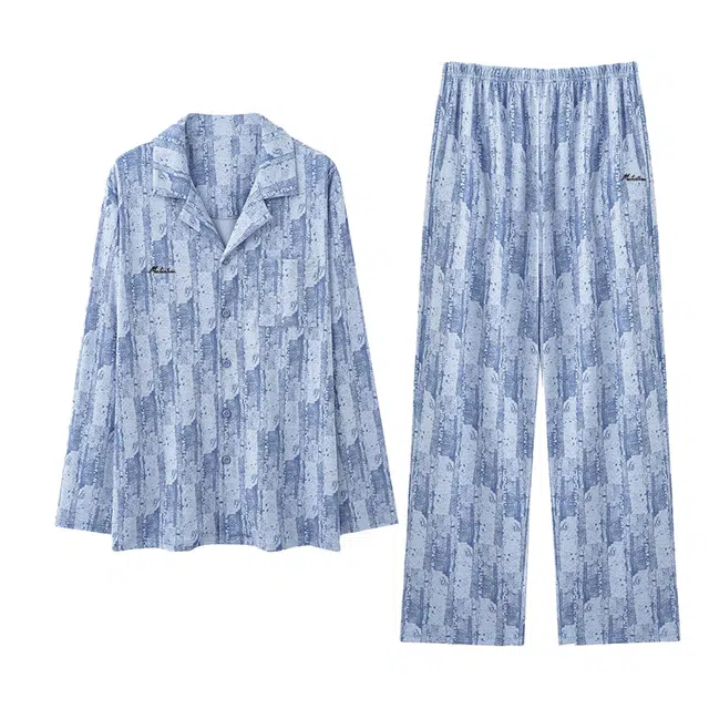 木林森 垂顺长袖长裤印花经典版型轻薄凉感不易皱居家睡衣套装 男款