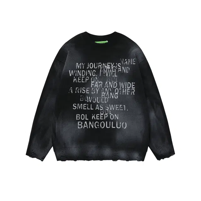 奇迹街区 美式潮牌做旧破洞喷染渐变字母印花扎染宽松休闲情侣日常百搭个性设计感小众高街嘻哈慵懒复古圆领套头长袖针织衫 男女同款