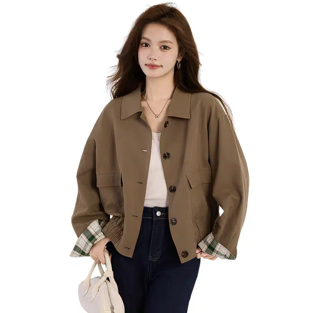 荟萃阁 美拉德穿搭外套短款机车巴恩风翻领上衣夹克 女款