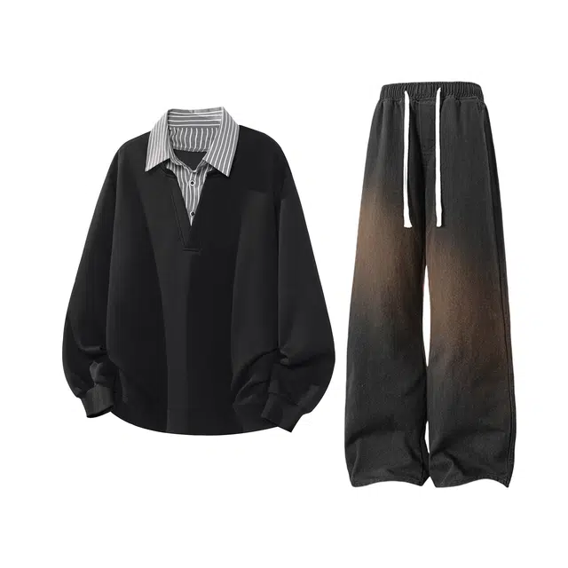 【华棉重磅假两件牛仔裤一套】布客行 美式翻领半开长袖内搭港风大码外套抽绳渐变水洗做旧宽松阔腿百搭通勤休闲运动套装 男女同款