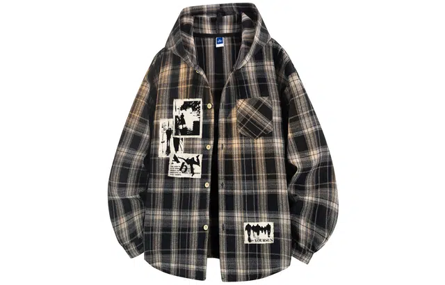 宜而爽 美式复古街头创意人影照片贴画字母印花撞色格纹设计宽松休闲时尚百搭慵懒风舒适透气单排扣长袖连帽开衫衬衫外套 男女同款