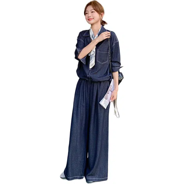 袋鼠 气质松弛感花色三角巾牛仔马甲高腰裤两件套休闲套装 女款