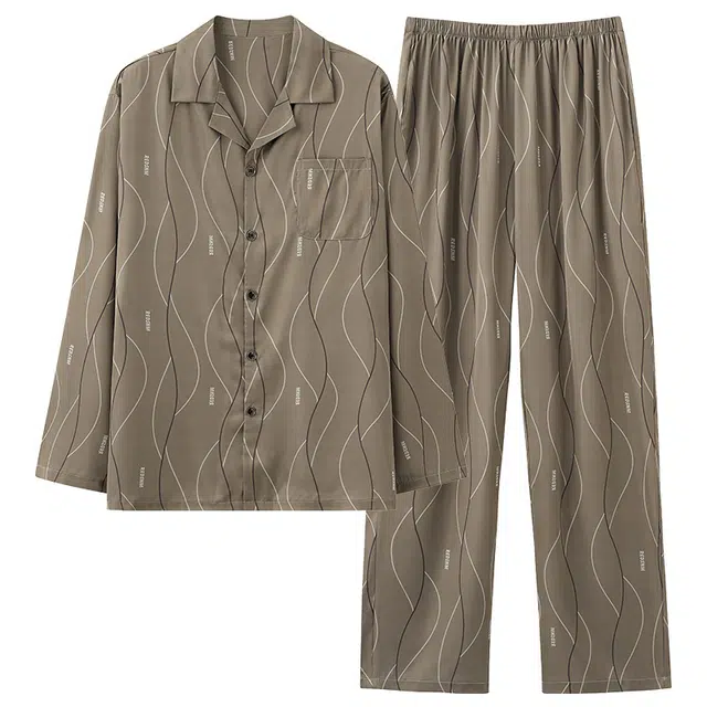 俏佳人 高级感丝滑冰丝开衫翻领简约休闲印花舒适透气亲肤家居服长袖长裤睡衣套装 男款