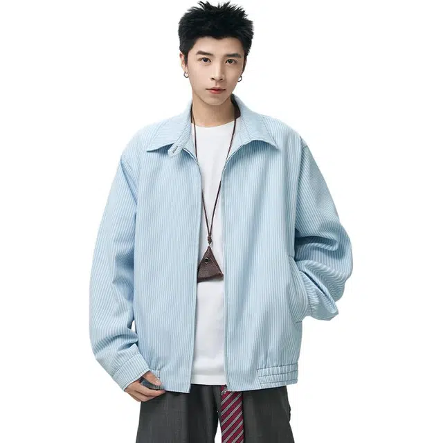 佐菲利 美式复古条纹翻领宽松休闲帅气百搭长袖外套夹克 男女同款