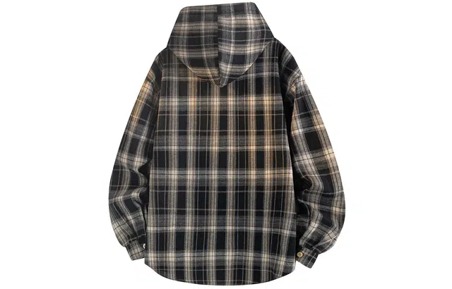 宜而爽 美式潮流街头手绘卡通趣味小图画彩色字母印花撞色格纹设计宽松休闲时尚百搭慵懒风舒适透气单排扣长袖连帽开衫衬衫外套 男女同款