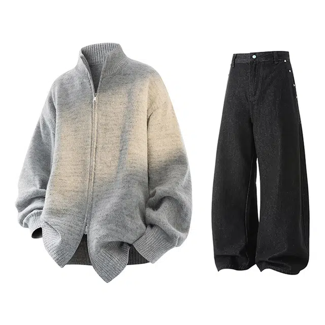 梓润格 美式小众设计感加厚针织衫上衣宽松慵懒感开衫毛衣复古潮流高级感水洗牛仔长裤弯刀裤休闲运动套装 男女同款