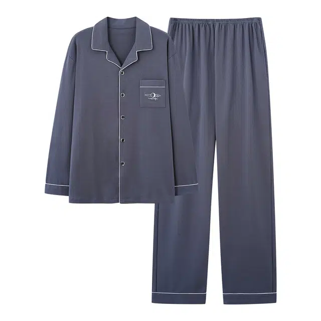 莫代尔 秋冬翻领透气纯棉亲肤舒适柔软开衫家居服睡衣套装 男款