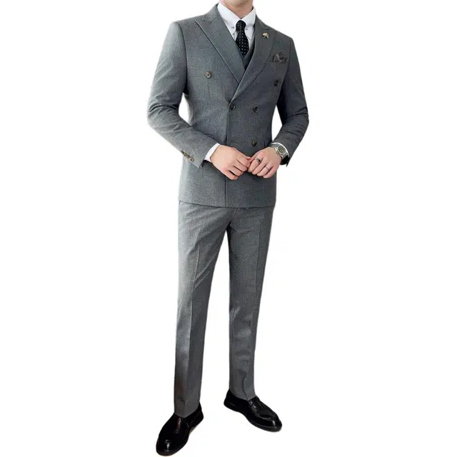 艾梵斯贝 高端轻奢双排扣商务正装品质高级感伴郎礼服新郎结婚修身休闲英伦风宴会斯文优雅气质西装套装 男款