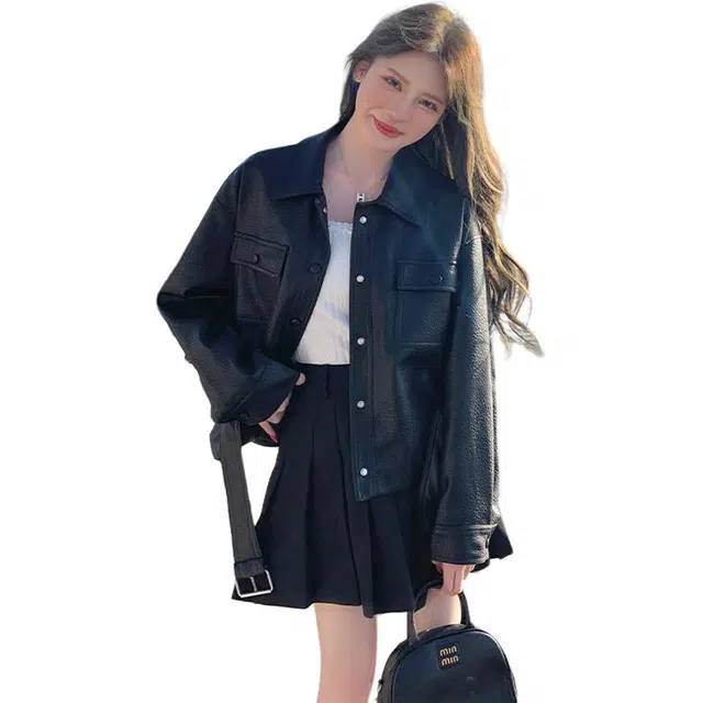 稻草人 简约时尚柔软修身舒适机车风秋冬外套皮衣 女款