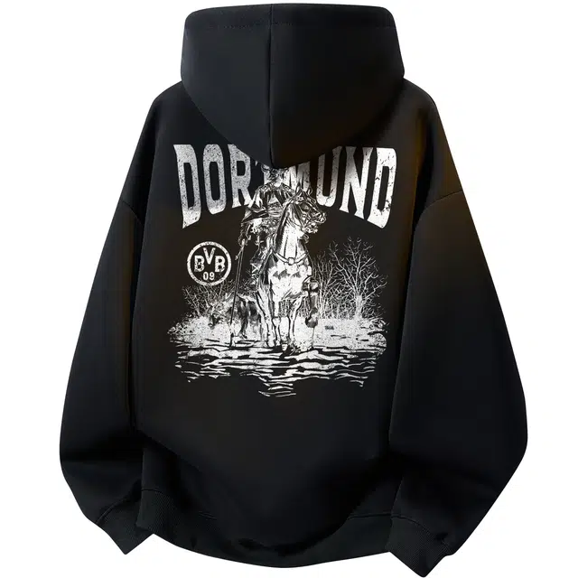 普鲁士多特蒙德 美式复古高街潮流时尚设计骑马战士人物图案字母印花宽松休闲舒适百搭通勤运动无性别主义落肩长袖连帽卫衣 男女同款