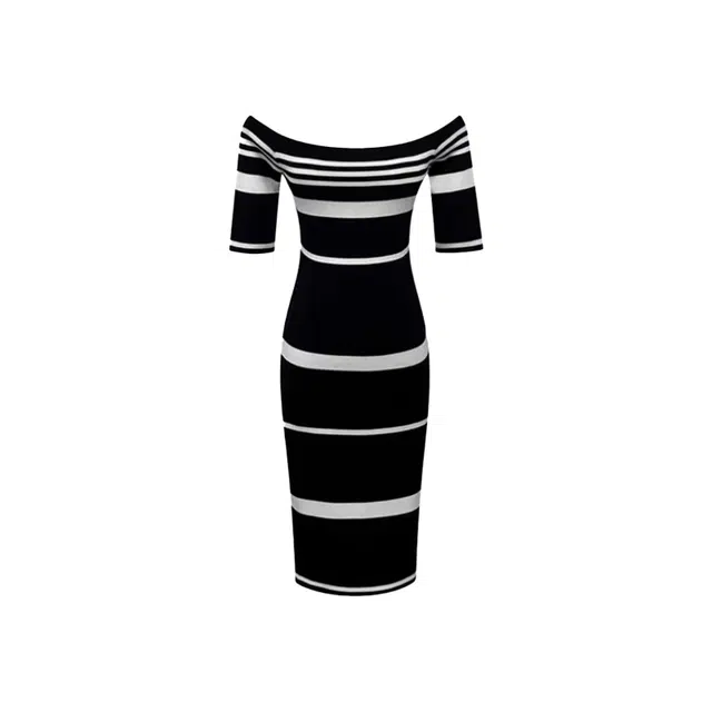 敲模女孩 纯欲风条纹一字领露肩性感包臀修身短袖连衣裙 女款