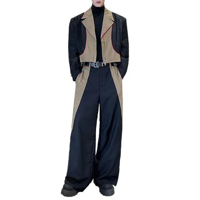 艾梵斯贝 美式复古潮流撞色拼接褶皱工装小众设计款潮酷个性男模穿搭高级感宽松休闲时尚百搭气质韩系宽版西装套装 男款