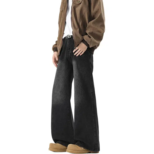 瑞梵帝斯 美式高街复古纯色微喇叭水洗做旧磨白拉链口袋设计休闲宽松舒适亲肤氛围感潮流百搭凉感高颜值户外运动牛仔裤 男款