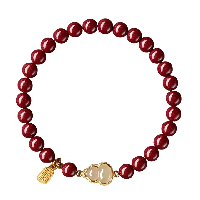 宣华意 【福禄双至 平安顺遂】新中式国风时尚高级精致优雅百搭和田美玉葫芦手链#好运单圈 朱砂 手串 女款