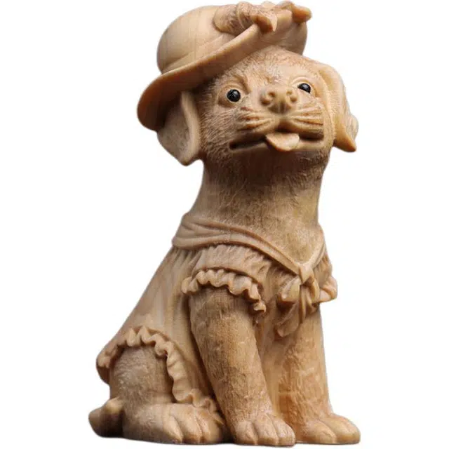 得笙陌 可爱卡通小狗生肖狗吉祥物手工雕刻#好运 黄杨木 木作摆件 男女同款情侣款