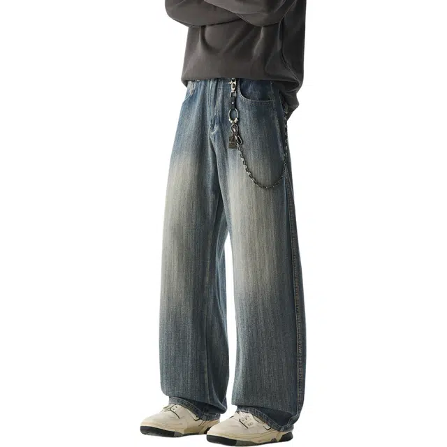 永言 美式复古水洗做旧直筒裤男宽松休闲阔腿裤男生潮牌秋季长裤百搭牛仔裤 男女同款