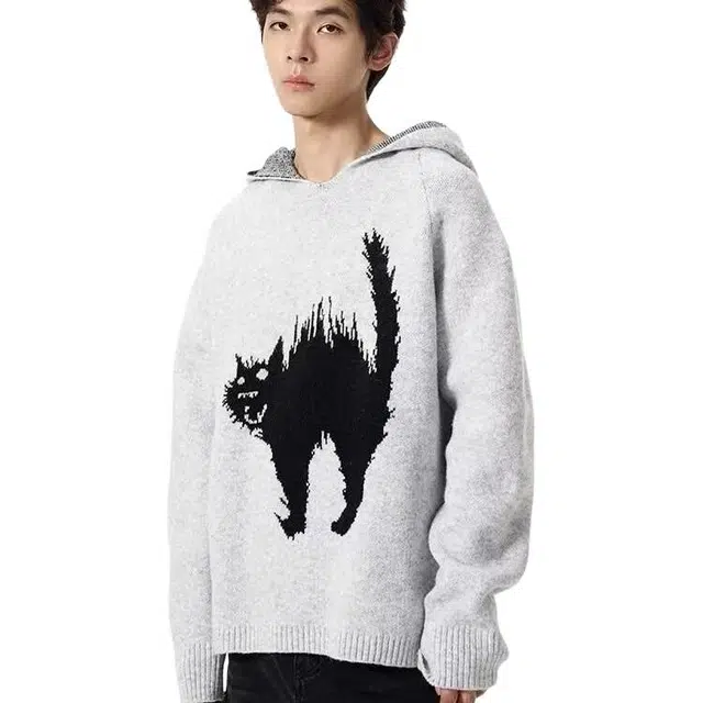 洞洞拐 美式设计炸毛猫连帽休闲外套高级感小众宽松潮针织衫 男女同款