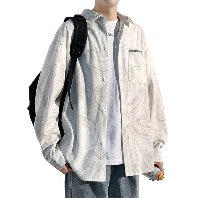 顶峰保罗 美式复古扎染字母印花休闲翻领长袖夹克衬衣无性别主义宽松大码高街时尚上衣外套简约百搭衬衫 男女同款