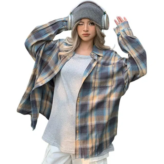 如续 相映成趣 美式复古撞色格子防晒长袖宽松休闲外套衬衫 女款