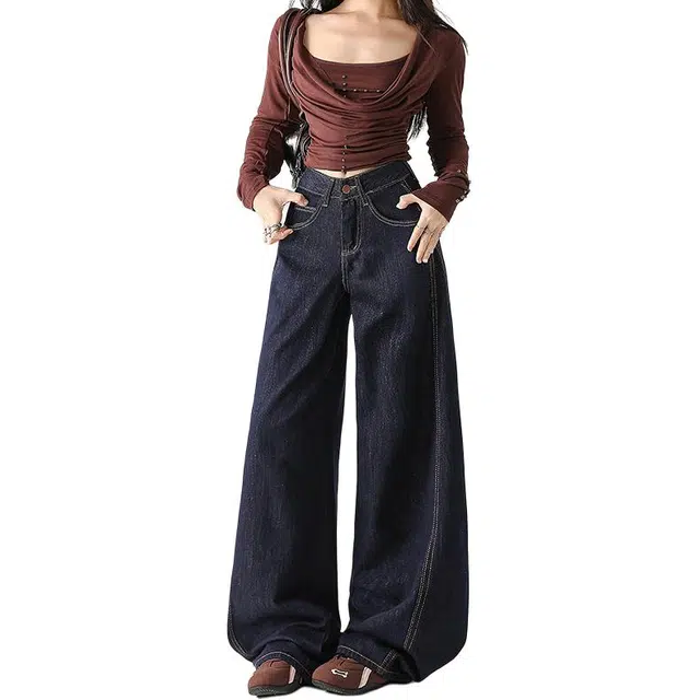 如续 阔腿个性弯刀裤秋冬款高腰百搭宽松遮肉女镰刀裤牛仔裤 女款