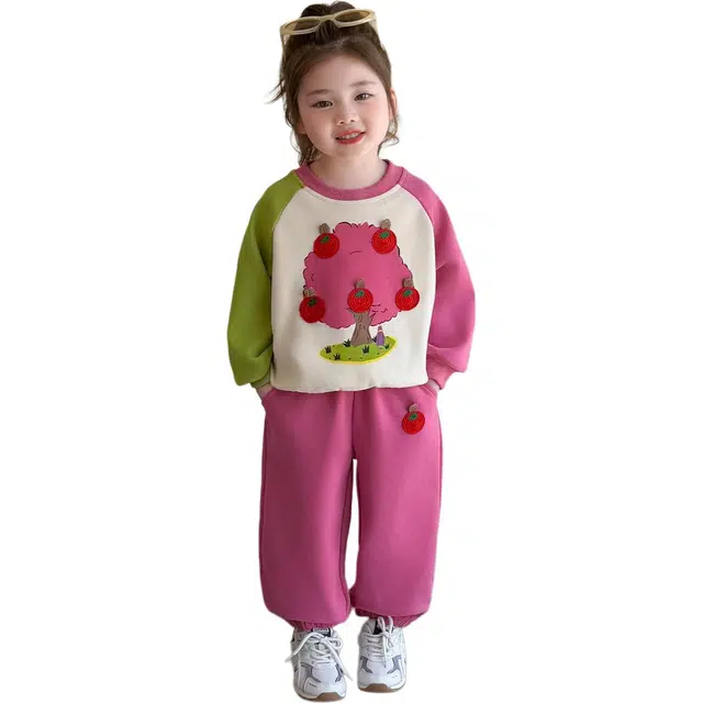 帕兰朵 休闲运动套装 潮流时尚百搭宽松舒适洋气可爱风苹果树卫衣两件套 中小童