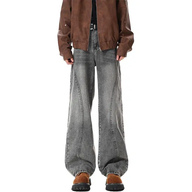 佐菲利 美式高街斜切拼接水洗做旧宽松长裤直筒阔腿休闲裤牛仔裤 男女同款