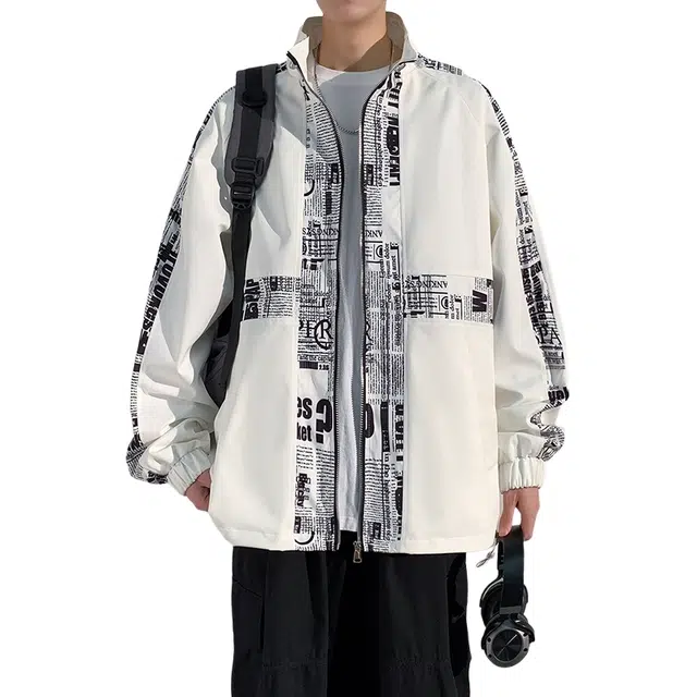 加荣 美式高街立领外套春秋男款宽松休闲开衫上衣高级感字母设计男装青少年潮流痞帅户外穿搭防风运动服秋冬高端帅气男士夹克 男女同款