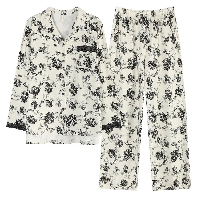 俏薇妮 春秋季纯棉开衫长袖长裤宽松休闲大码家居服睡衣套装 女款