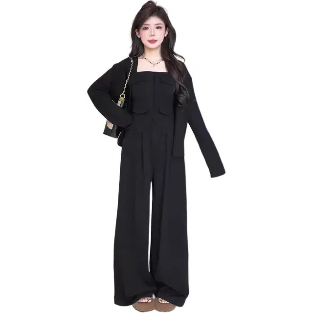 敲模女孩 韩系慵懒风气质针织开衫叠穿修身抹胸背心搭高腰阔腿裤休闲套装 女款