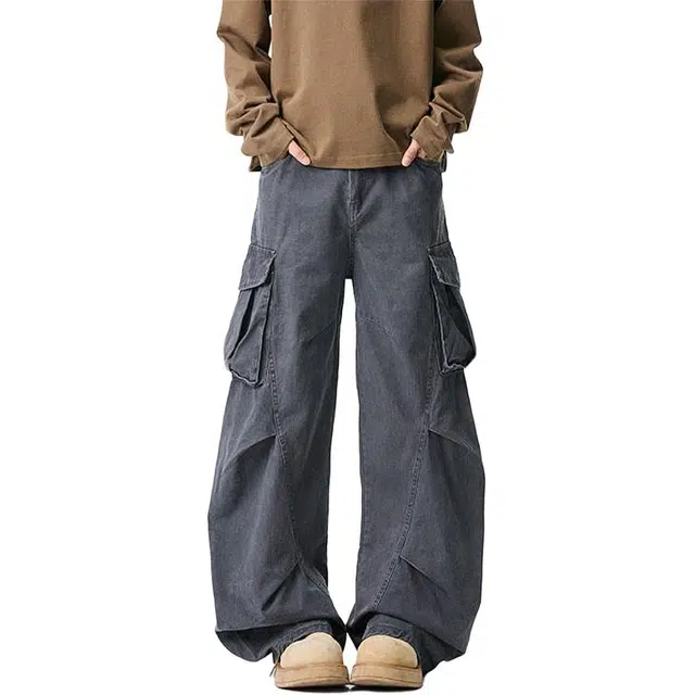 佐菲利 美式运动多口袋褶皱潮牌宽松直筒高街休闲阔腿长裤子工装裤 男女同款