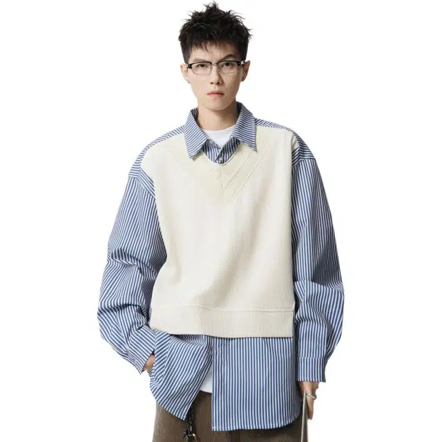 佐菲利 美式条纹长袖衬衫潮牌宽松休闲针织假两件外套卫衣 男女同款