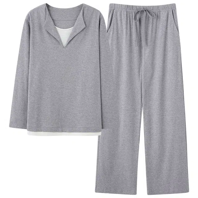 俏霓桐 时尚假两件纯棉亲肤简约休闲百搭慵懒长袖长裤家居服可外穿睡衣套装 女款