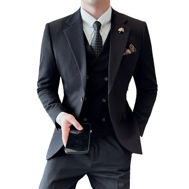 艾梵斯贝 高端轻奢单排扣斜纹商务休闲正装修身宴会婚礼韩版绅士高级感品质职业装西装套装 男款