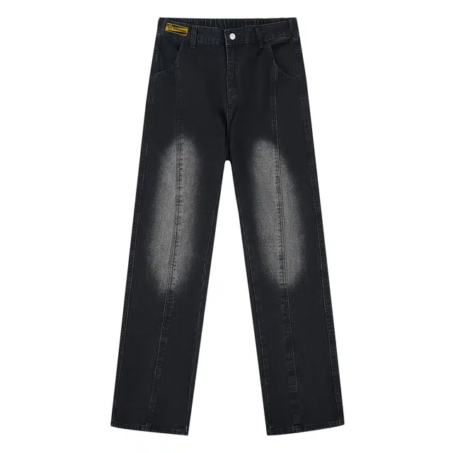 普鲁士多特蒙德 美式宽松高街印花设计重磅百搭复古日常通勤长裤微喇水洗做旧休闲牛仔裤 男女同款