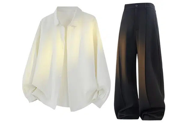 梓润格 港风日系凉感中式翻领冰丝长袖衬衣美式高街休闲百搭直筒显腿长阔腿裤衬衫套装 男女同款