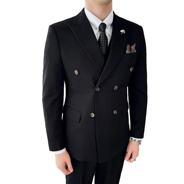 艾梵斯贝 高端轻奢双排扣斜纹商务休闲正装修身宴会婚礼礼服三件套韩版绅士高级感品质职业装西装套装 男款