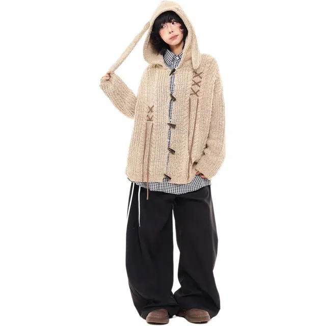 敲模女孩 美式慵懒风复古兔耳朵牛角扣连帽针织衫 女款
